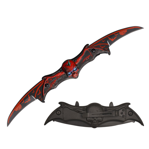 11" Bat & Skull Pattern Aluminum Handle Double Blade Folding Knife Red & Black Blade
